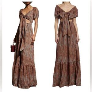 RAMY BROOK Striped Megan Cutout Tie Maxi Dress Puff Sleeves Cottagecore